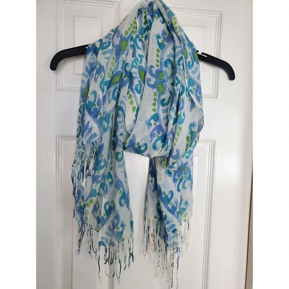Lightweight Scarf Blue Green White Paisley Fringed Wool Modal Blend Boho Wrap OS